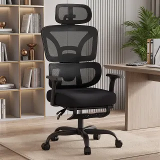 Ergonomic Office Chair 2D Adjustable Headrest High Back Mesh Computer Chair with Retractable Footrest, 66° Rotating, 2.6" Lifting, Thick Sponge Seat, Lumbar Support, Quiet Swivel Casters Gaming Chair for Home Office