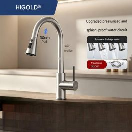 HIGOLD 304 Stainless Steel Kitchen Faucet with Pull-Down Sprayer, 360° Swivel, Splash-Proof Modern Sink Tap, Hot & Cold mixer