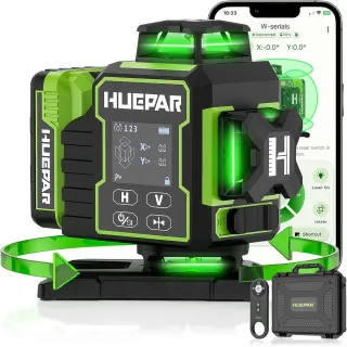 Huepar W03CG  W04CG 3D 12Lines 4D 16Lines Laser Level Bluetooth  Control 4x360 Green Beams Rotation Base Self Leveling Touch LCD Screen Rechargeable Battery IP54 Tiling Framing Ceiling Floor Installation