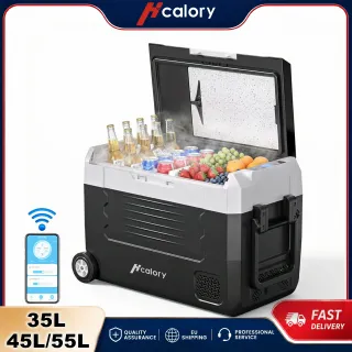 Hcalory DM+ Series Car Refrigerator Freezer 35L 45L 55L Dual Zone Portable Compressor Cool Box Bluetooth Smartphone App Control Cooling Cooler with Rolling Transport Wheels for Outdoor Camping