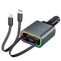 Bakeey Retractable 131W 4 in 1 2 Port USB PD Fast Charging Car Charger Adapter with iP+Type C Telescopic Cable for iPhone 16 16 Pro 15 14 13 Pro Max for Samsung Galaxy Z Flip6 for Xiaomi MIX Fold4 for Huawei Mate XT