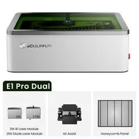 SCULPFUN E1 Pro Dual 21W+3W IR Enclosed Laser Engraver, 400×320mm Working Area, 600mm/s CoreXY, HD Camera, Class 1 Safety, Air Assist